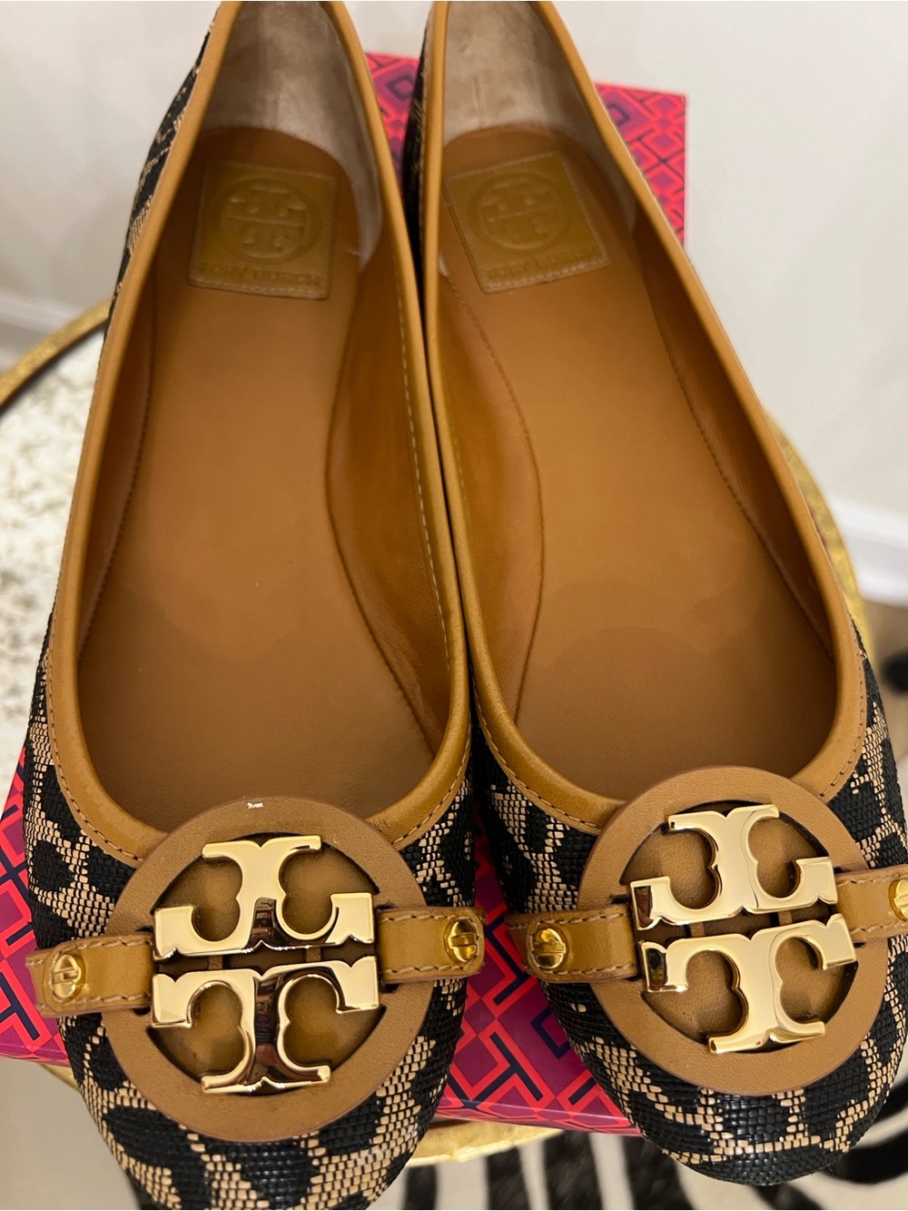 Tory Burch Black & Tan Logo Embellished Ballet Flats